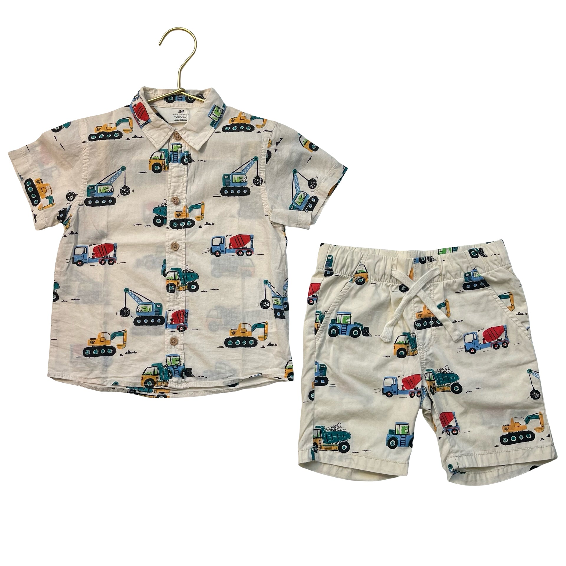 H&M Ivory Construction Truck Print Button Down Shirt & Shorts Set - Size 3T