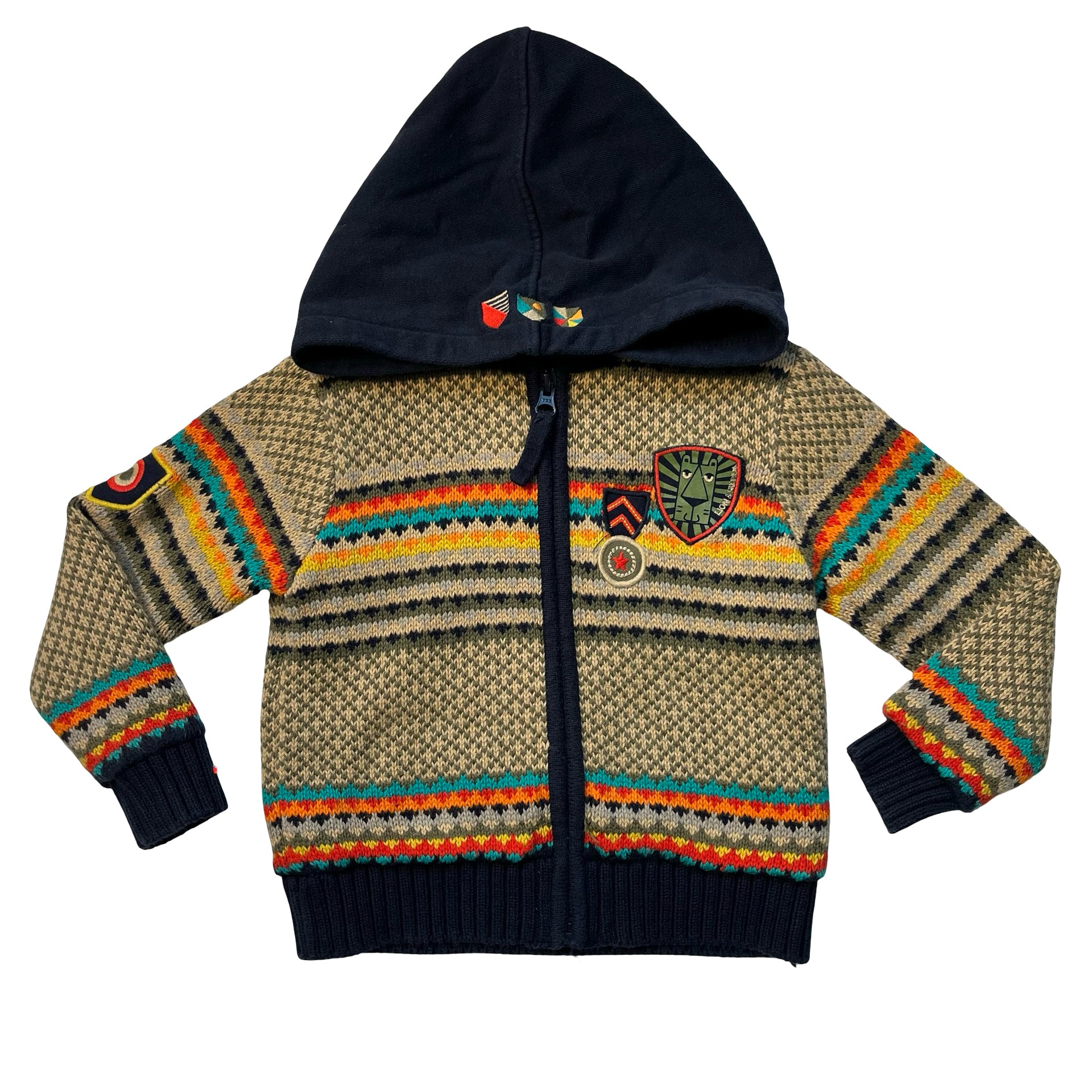 Du Pareil Au Meme Multi-Color Pattern Zip-Up Hooded Cotton Cardigan Sweater - 3A