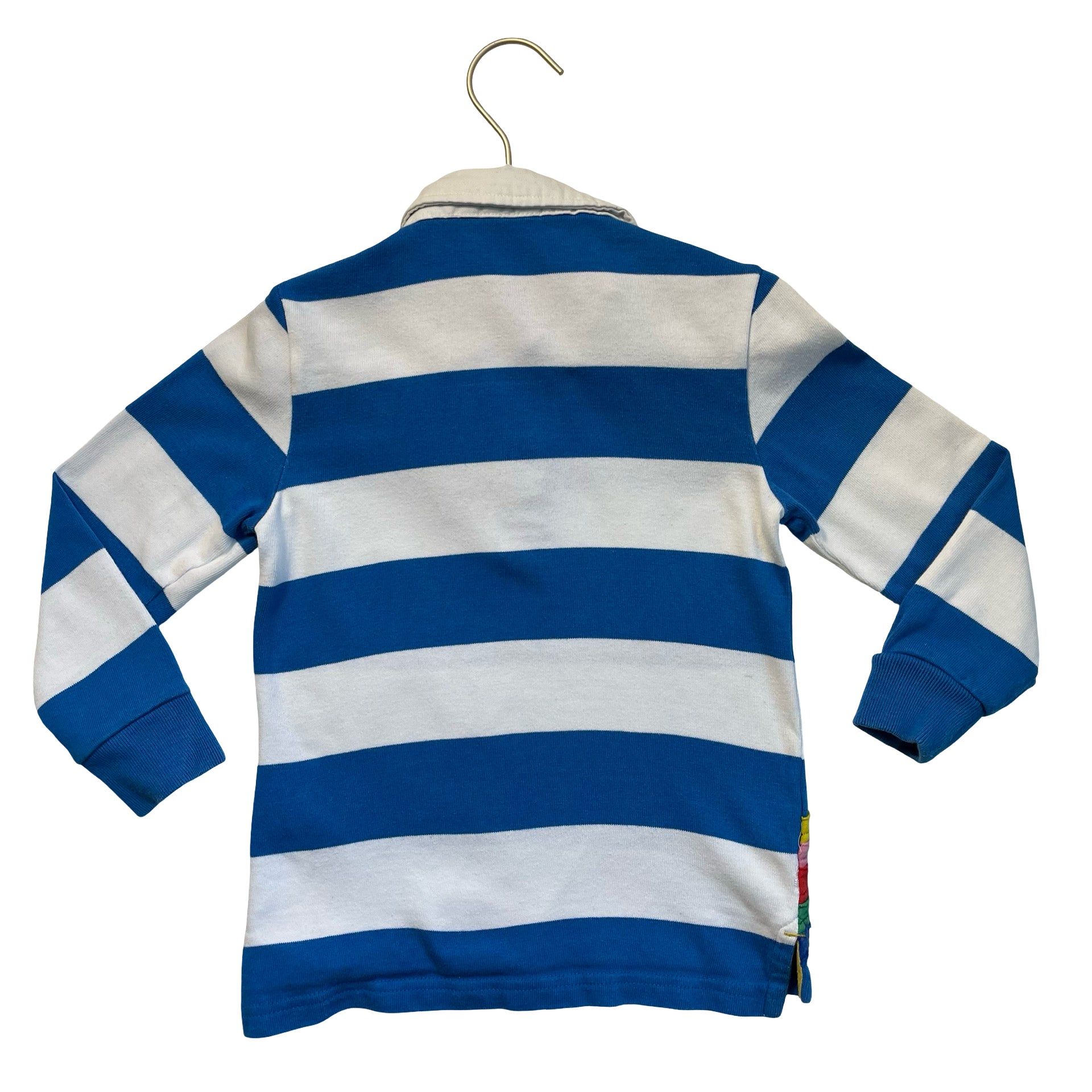 Mini Boden Blue & White Striped Sun, Cloud, Rainbow Applique Rugby Shirt - 4-5Y