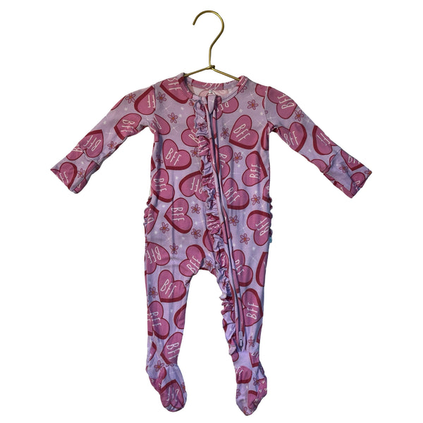 Posh Peanut Pink 'BFF' Heart Ruffle Footed One-Piece - Size 0-3 Mo