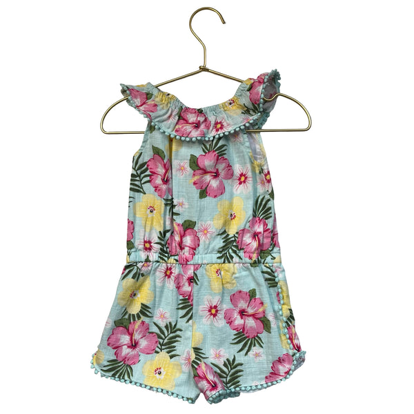 Little Me Mint Green Tropical Flower Print Romper - Size 24 Mo