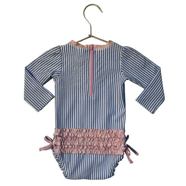 Ruffle Butts Blue & White Striped Seersucker Swim Suit - Size 12-18 Mo