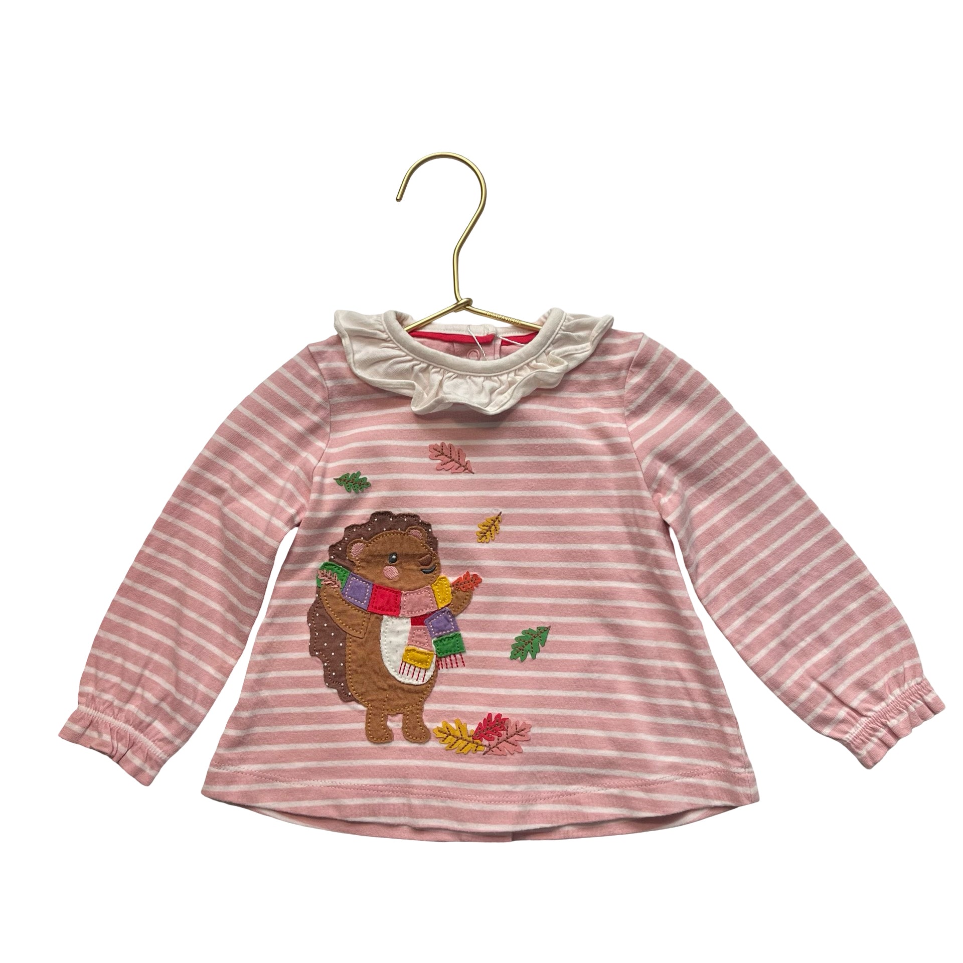 Baby Boden Pink Stripe Hedgehog & Leaves Applique Top - Size 6-9 Mo