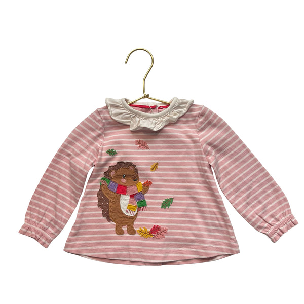 Baby Boden Pink Stripe Hedgehog & Leaves Applique Top - Size 6-9 Mo