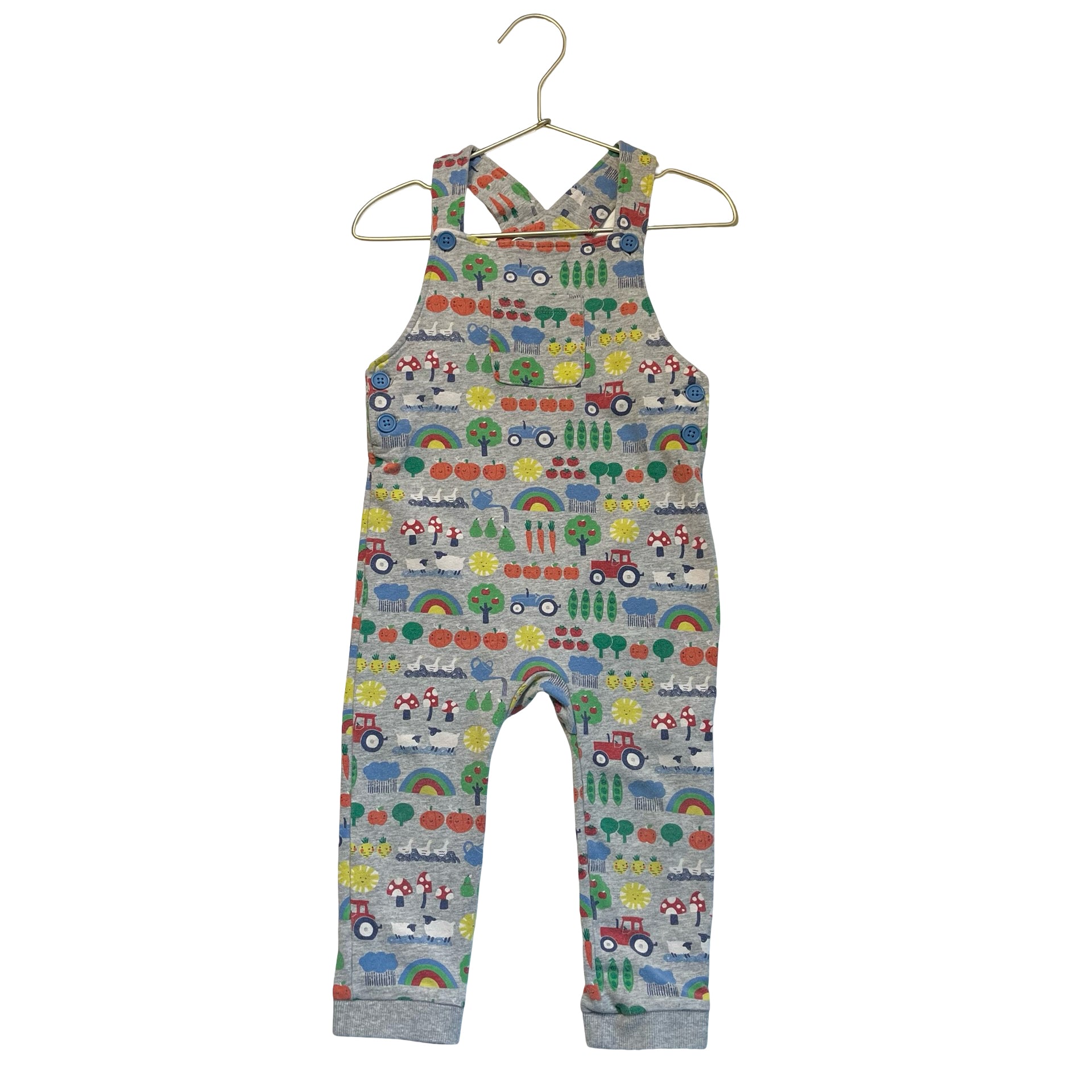 Baby Boden Gray & Multi-Color Farm Print Overalls - Size 2-3Y