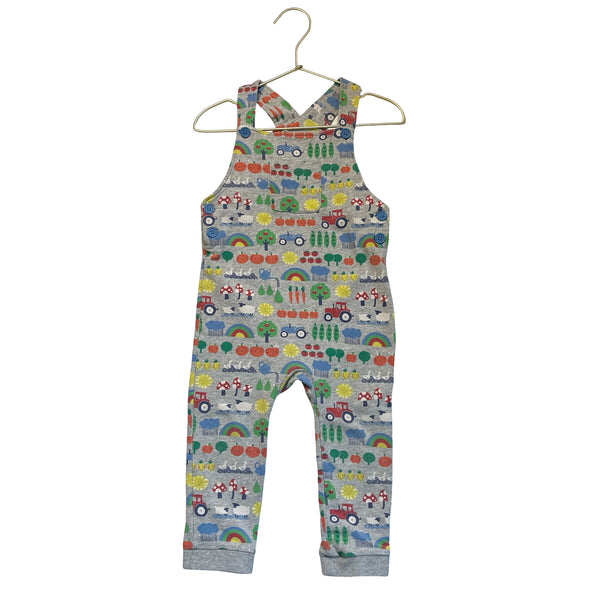 Baby Boden Gray & Multi-Color Farm Print Overalls - Size 2-3Y
