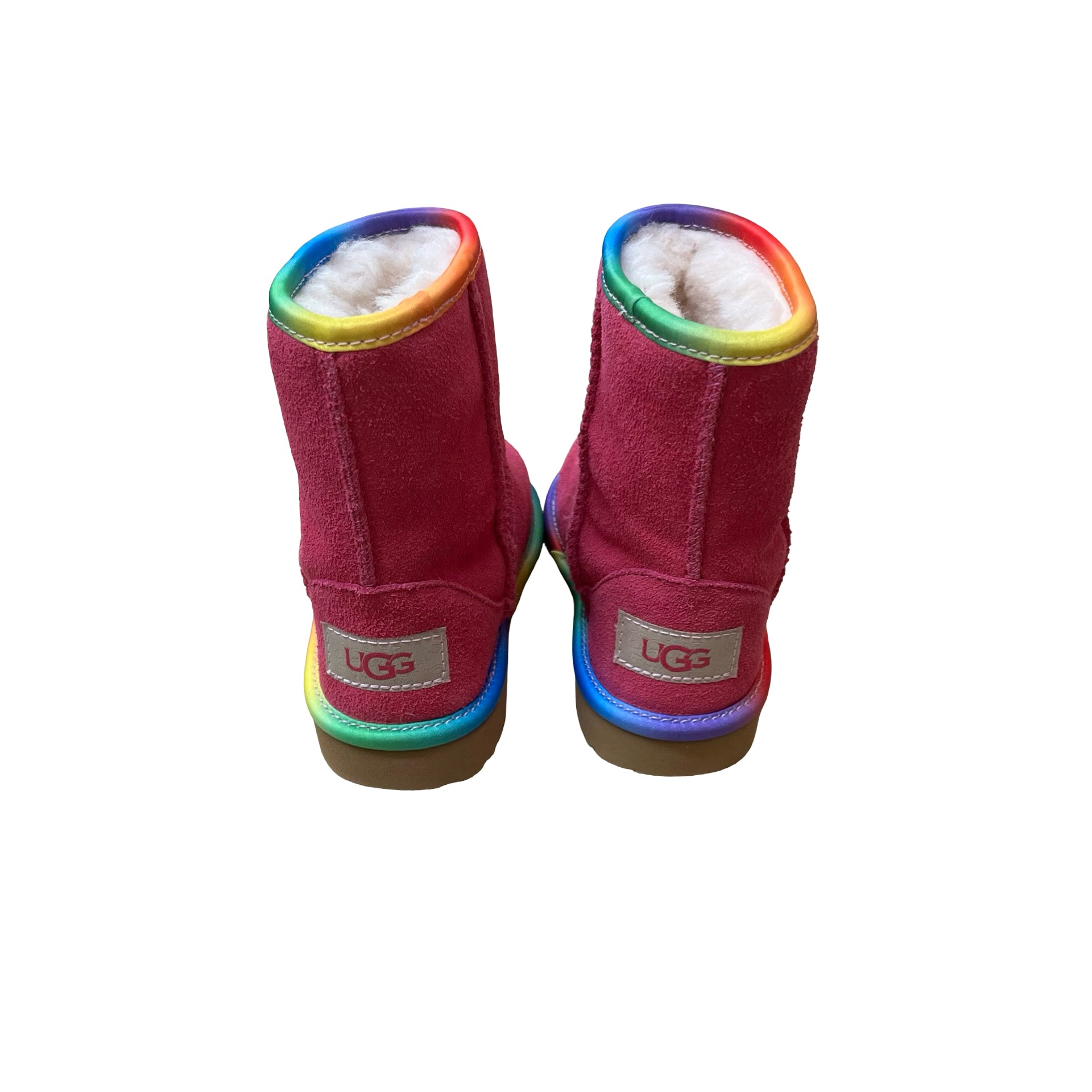 UGG Pink Shearling Boots, Rainbow Trim - Size 7