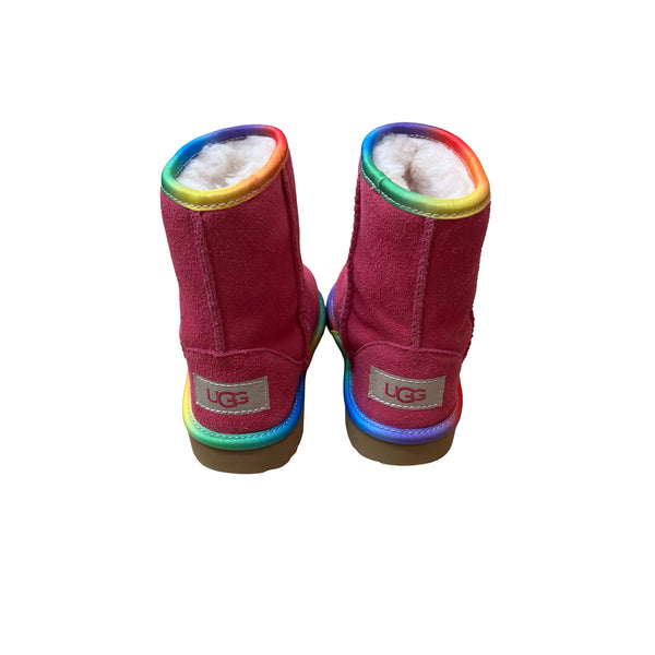 UGG Pink Shearling Boots, Rainbow Trim - Size 7
