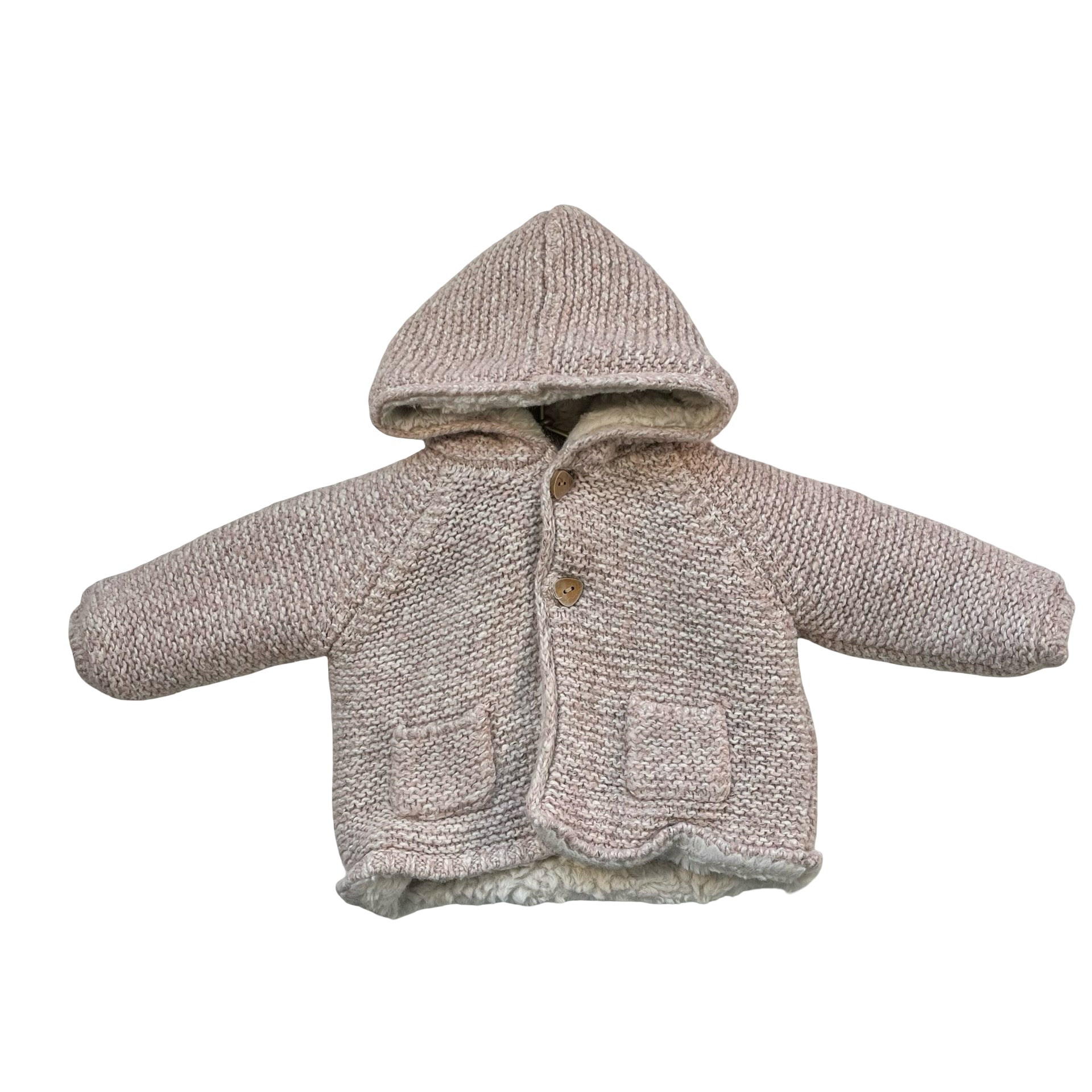 Zara Faux-Fur Lined Pink Hooded Cardigan Sweater - Size 3-6 Mo
