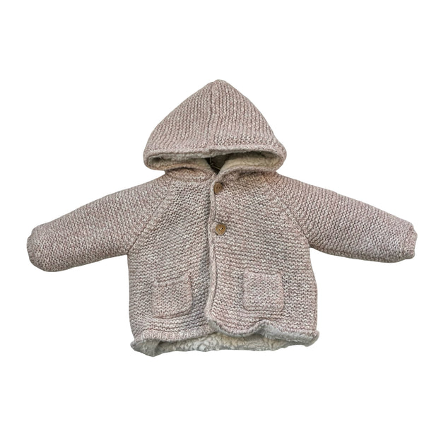 Zara Faux-Fur Lined Pink Hooded Cardigan Sweater - Size 3-6 Mo