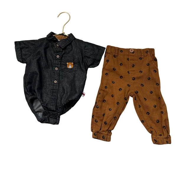 Dapper Dude Black Chambray Button Down & Brown Bear Pants Set - Size 6 - 9 Mo - Bounce Mkt