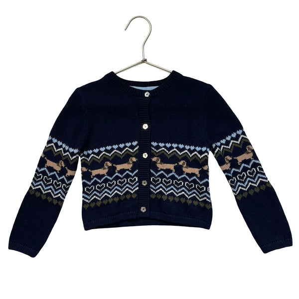 Sergent Major Navy Dog & Heart Pattern Cardigan Sweater - Size 4A