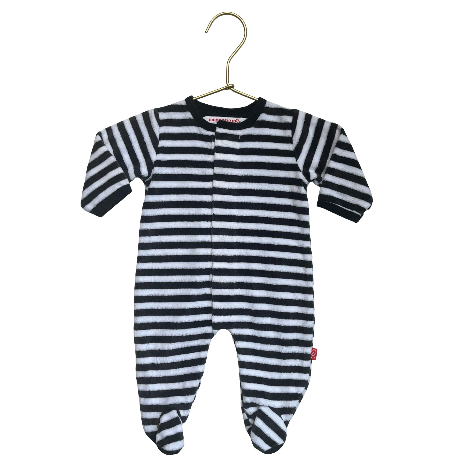 Magnetic Me Black & White Striped Velour Footed PJs - Size NB