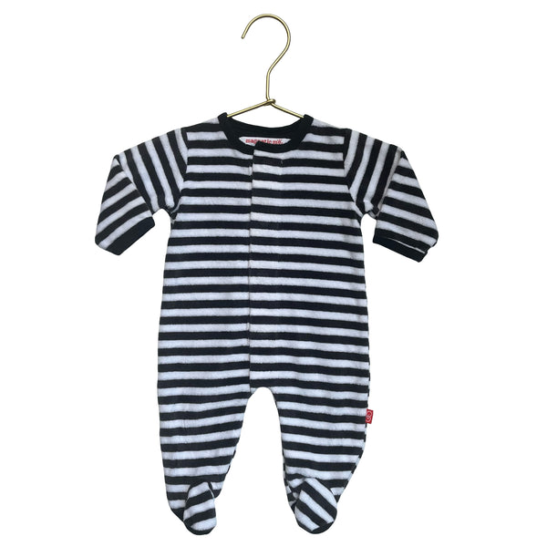 Magnetic Me Black & White Striped Velour Footed PJs - Size NB