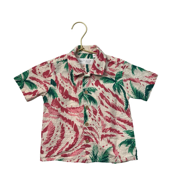 Zara Ivory, Red & Green Tropical Leaf Button Down Shirt  - Size 18 Months