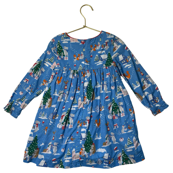 Mini Boden Blue Animal Village Print Smocked Christmas Dress - Size 3-4Y