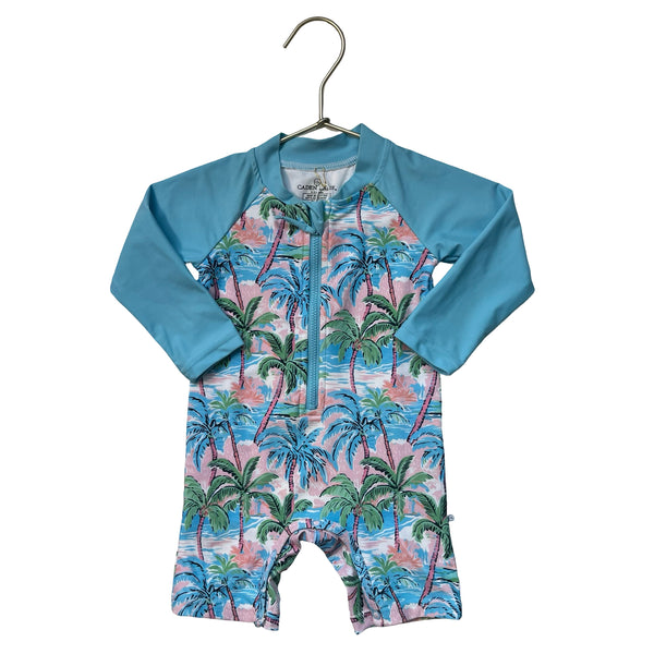Caden Lane Light Blue Tropical Print Swim Suit Romper - Size 6-12 Mo