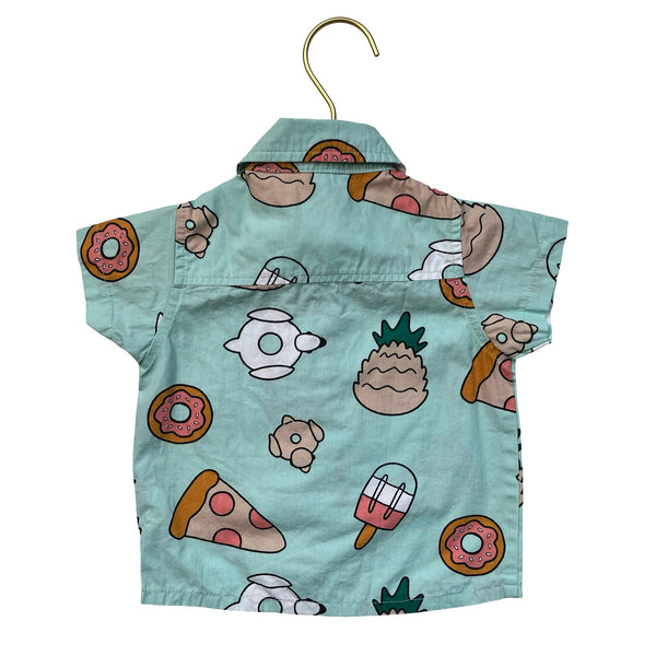 Monica + Andy Teal Food Print Button Down Shirt - Size 9-12 Mo