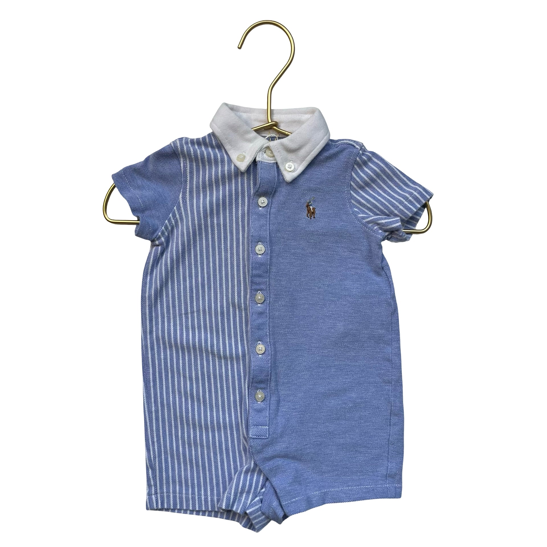 Ralph Lauren Blue & White Striped & Blue Button Down Romper - Size 3 Mo