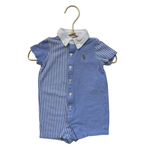 Ralph Lauren Blue & White Striped & Blue Button Down Romper - Size 3 Mo