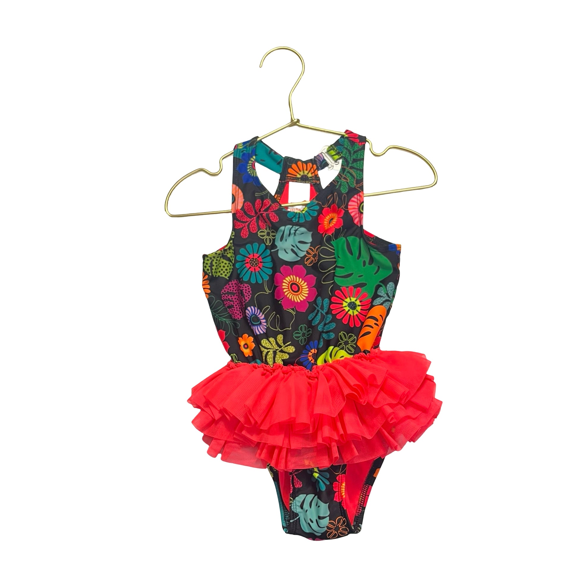Cat & Jack Black Flower Print & Neon Tulle Swim Suit - Size 4T