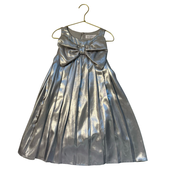 Zara Silver Metallic Pleated Bow Dress - Size 8