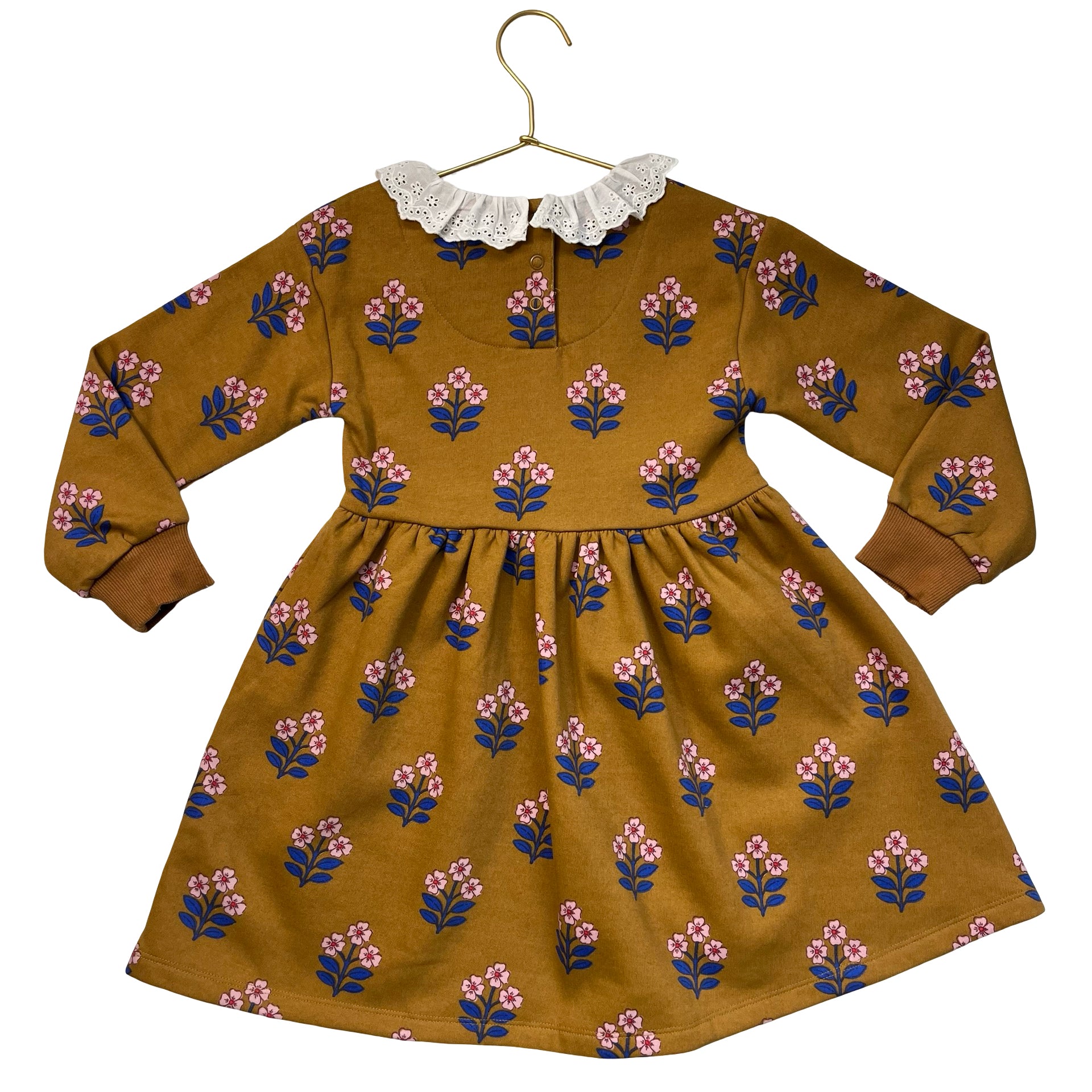 Mini Boden Brown Flower Print Sweatshirt Dress, Eyelet Collar - Size 5-6