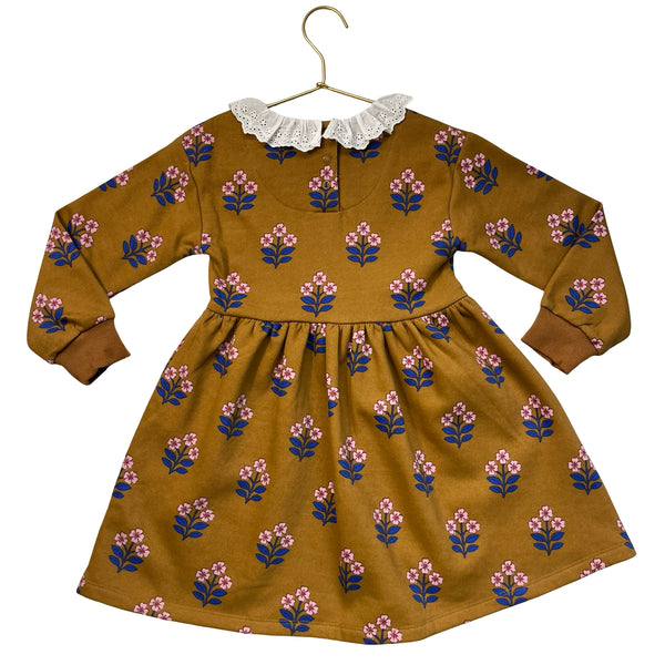 Mini Boden Brown Flower Print Sweatshirt Dress, Eyelet Collar - Size 5-6