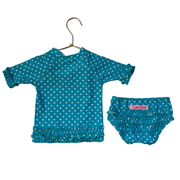 Ruffle Butts Aqua Blue Polka Dot Rash Guard 2 Piece Swim Suit - Size 12-18 Mo