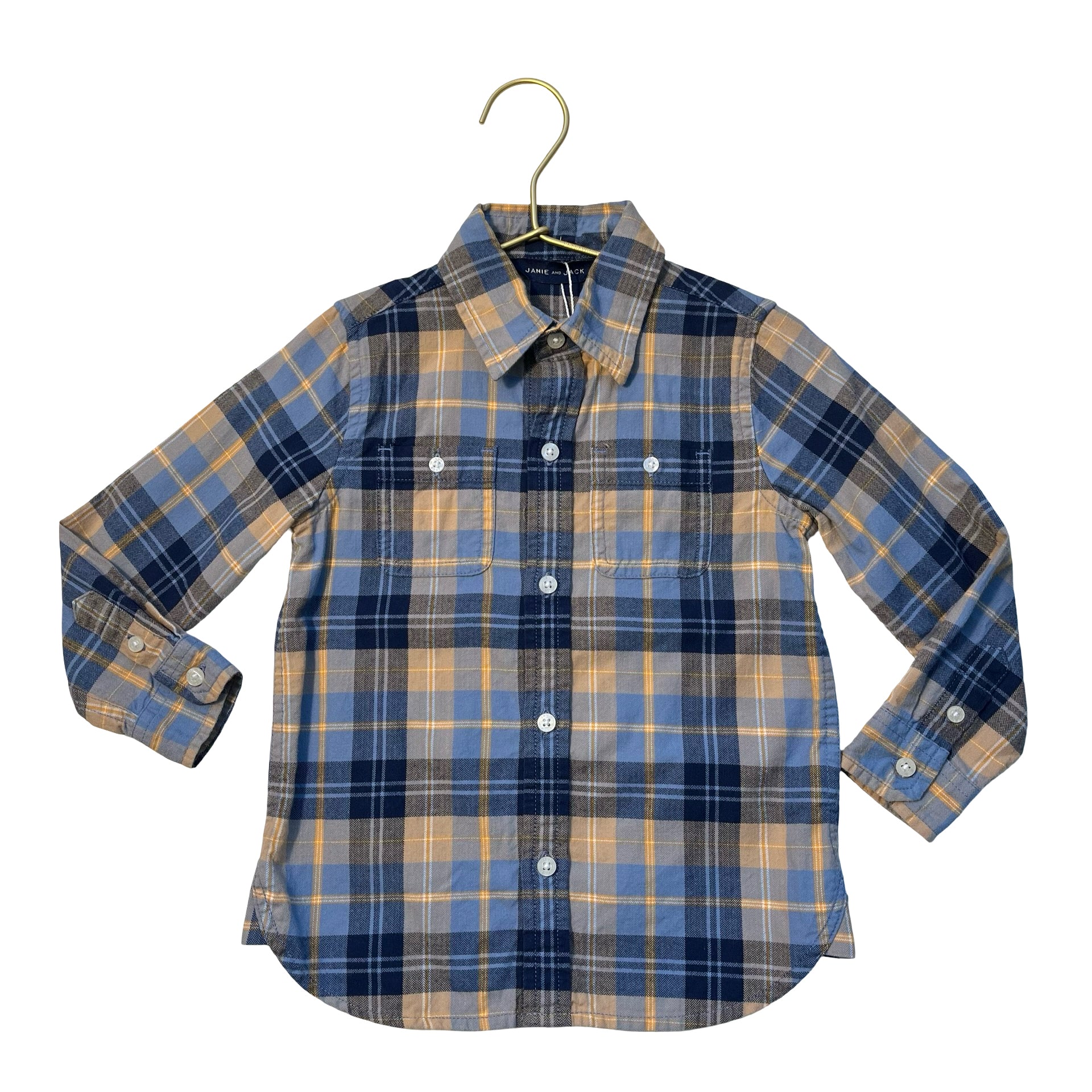 Janie and Jack Blue, Navy, Yellow Plaid Button Down Shirt - Size 3