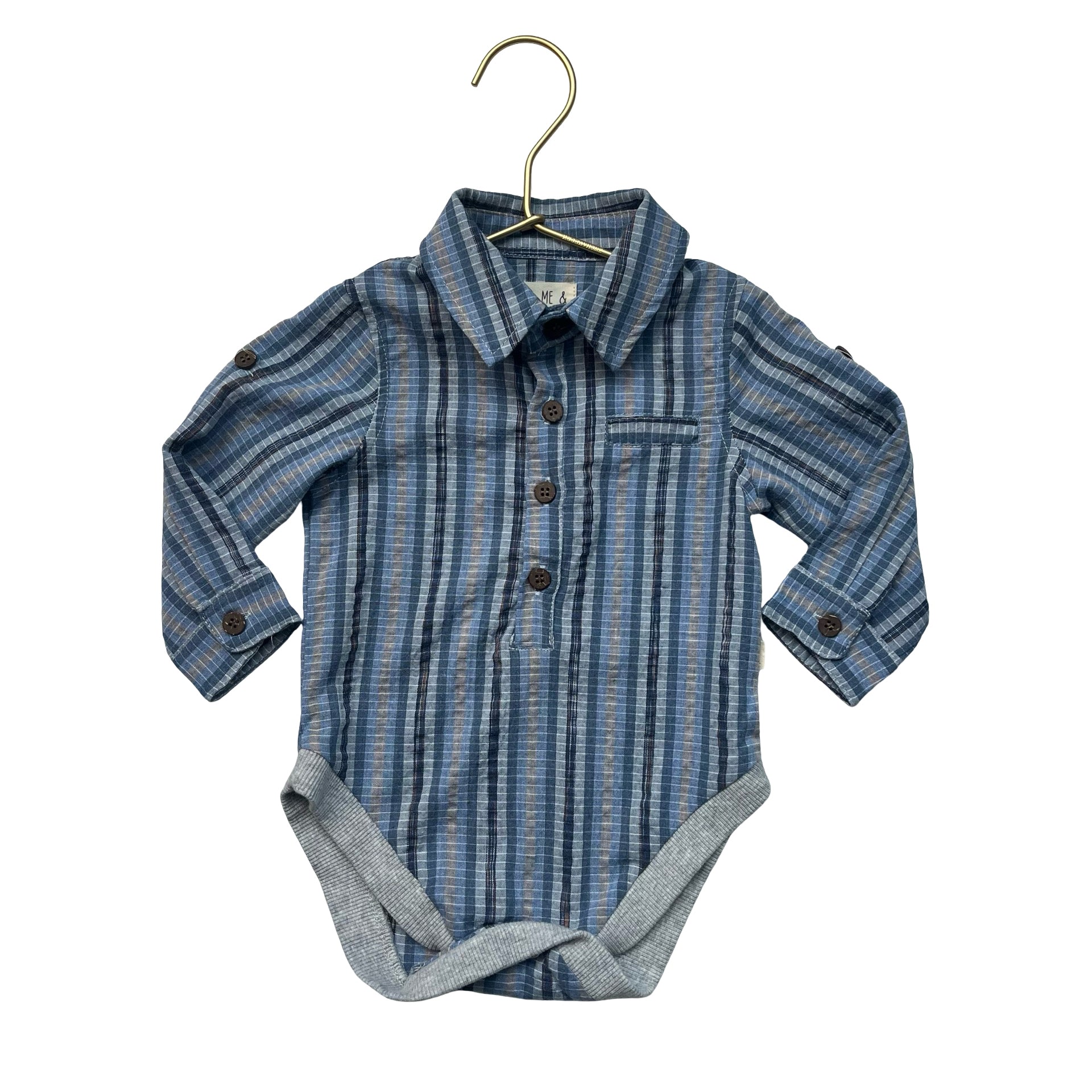 Me & Henry Blue Plaid Button Down Bodysuit - Size 0-3 Mo