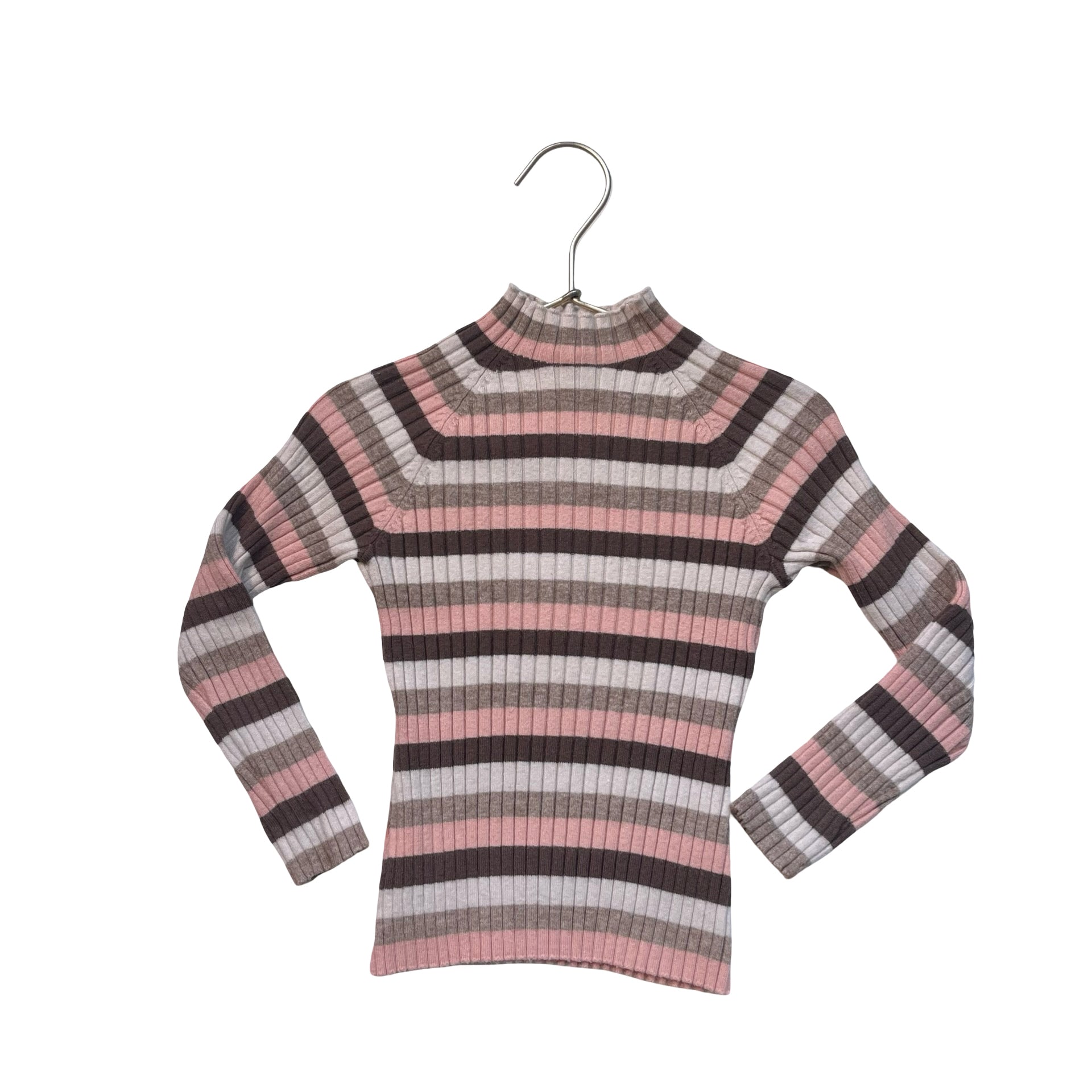 Mayoral Ivory, Tan, Brown, Pink Striped Knit Ribbed Mock Neck Shirt - Size 5