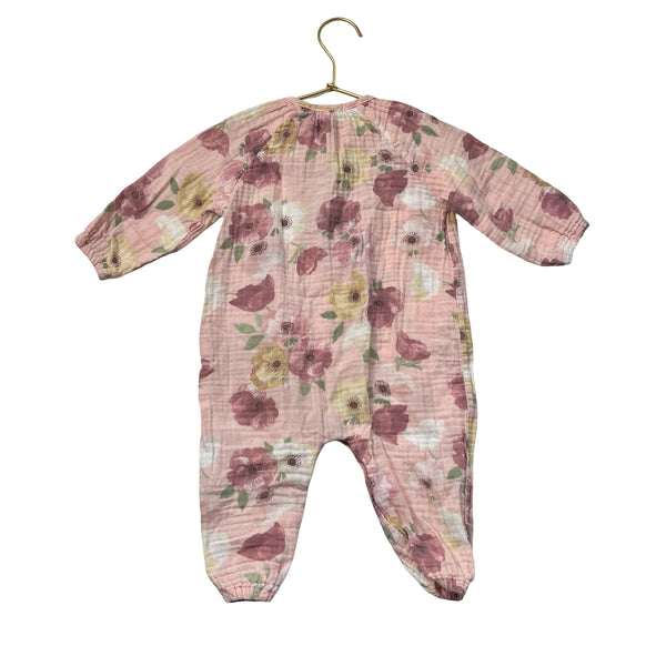Angel Dear Pink Flower Print Cotton Gauze One-Piece Romper - Size 12-18 Mo
