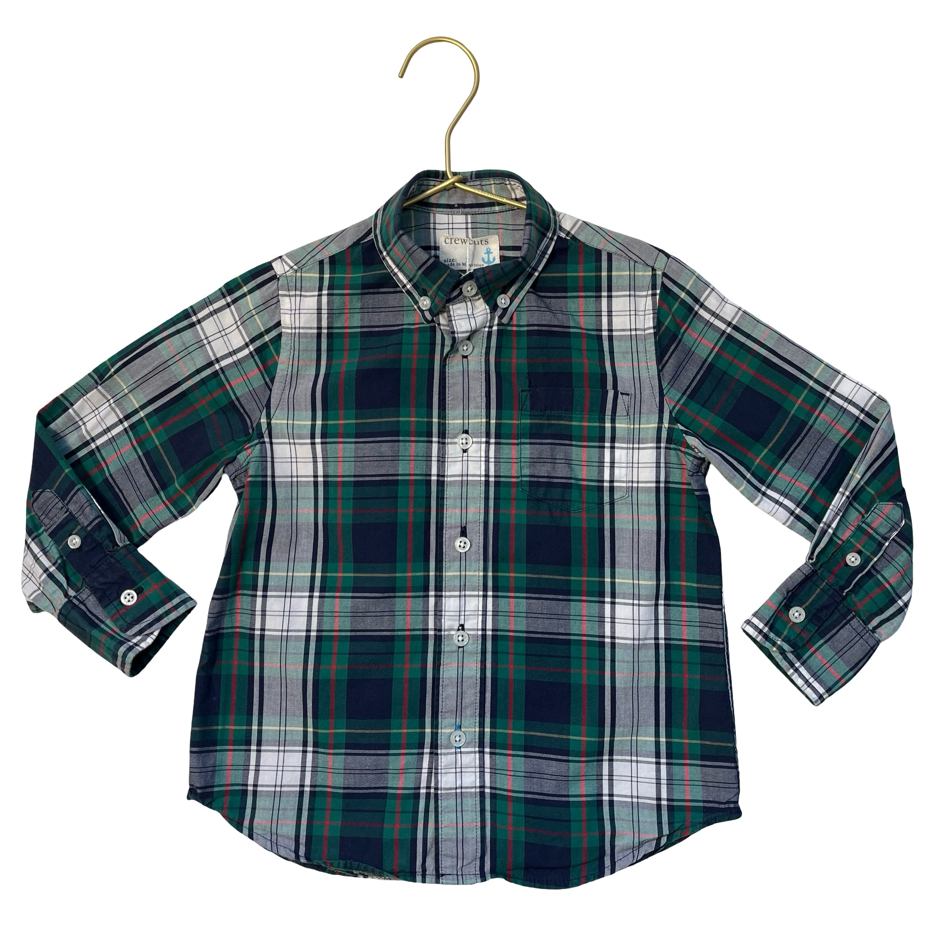 Crewcuts Green, Navy, Ivory Tartan Plaid Button Down Shirt - Size 3