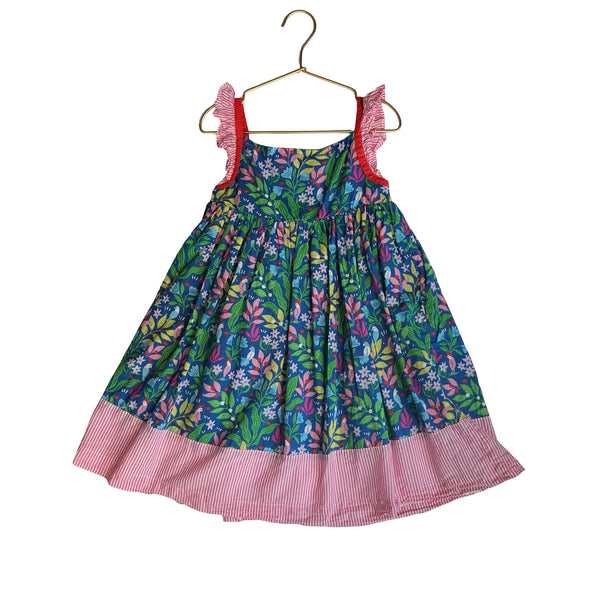 Mini Boden Blue Tropical & Striped Print Dress - Size 6-7Y