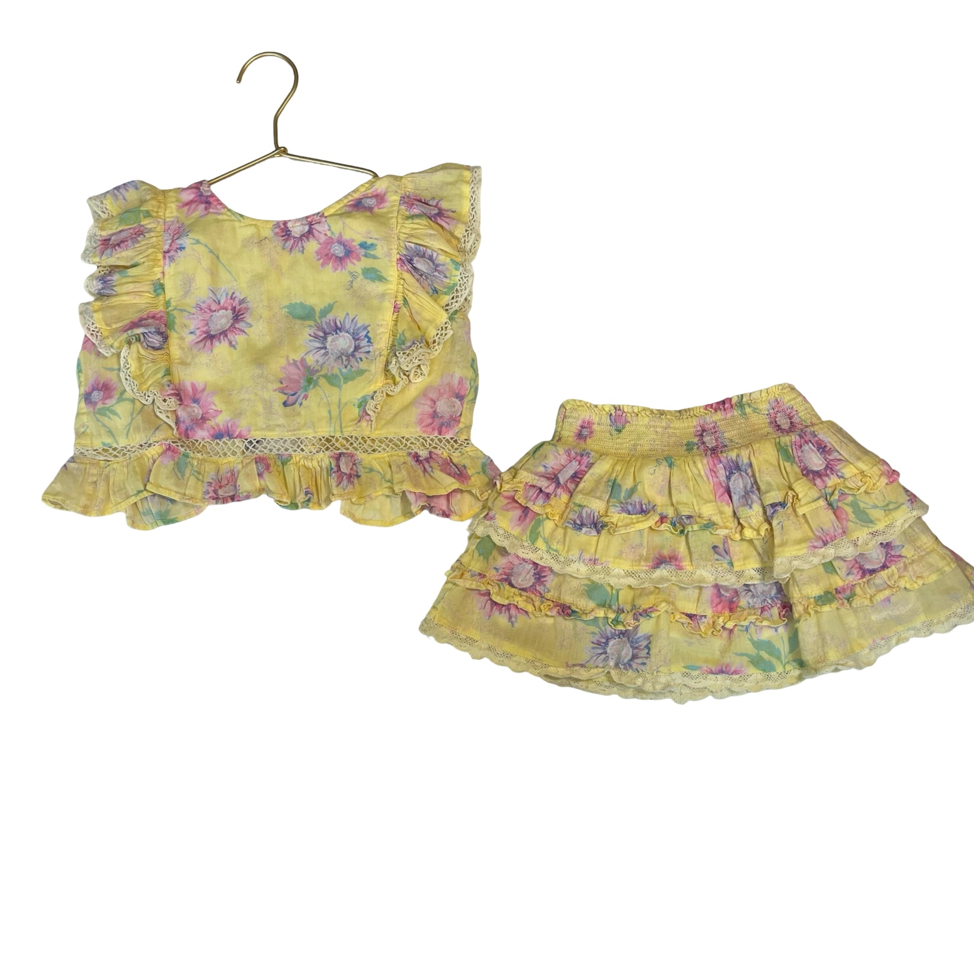 LoveShackFancy Yellow Floral Ruffle Skirt & Top Set - Size 3-4Y