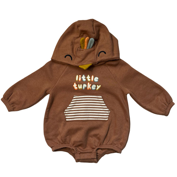 Old Navy Brown Hooded 'Little Turkey' Sweatshirt Bubble Romper - Size 12-18 Mo