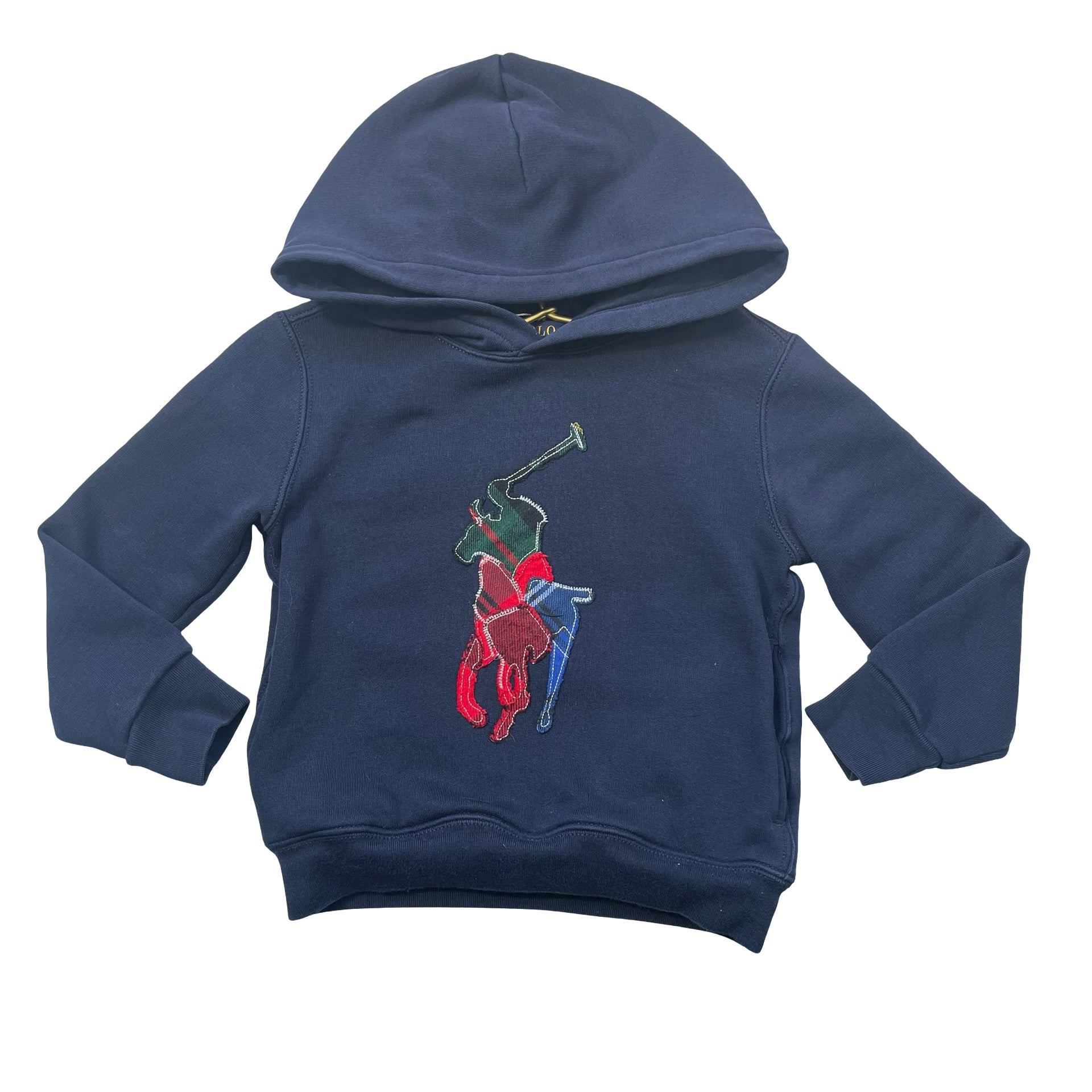 Polo Ralph Lauren Navy Hooded Sweatshirt, Plaid Applique Logo - Size 4