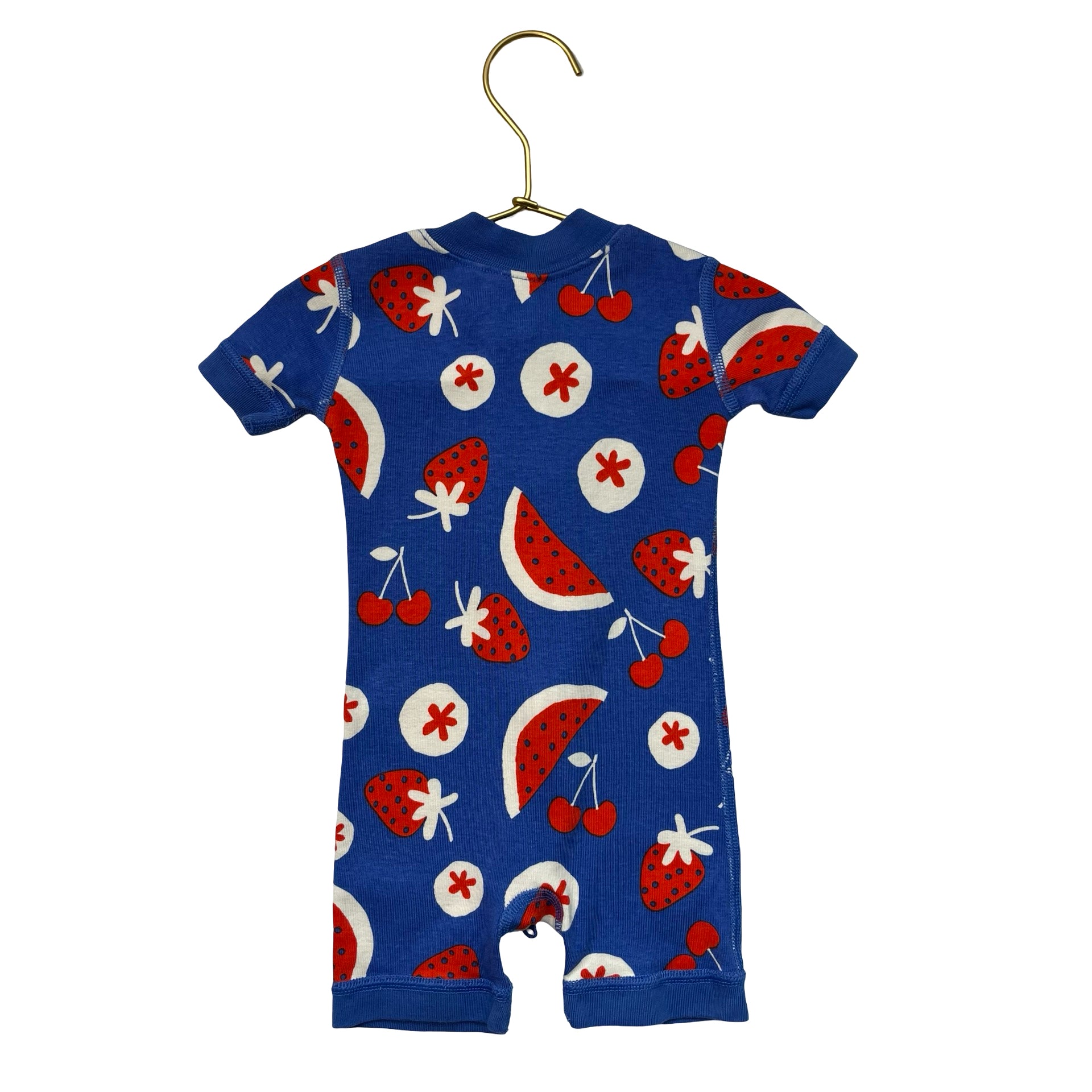 Hanna Andersson Blue & Red Fruit Print One-Piece Romper PJ - Size 3-6 Mo