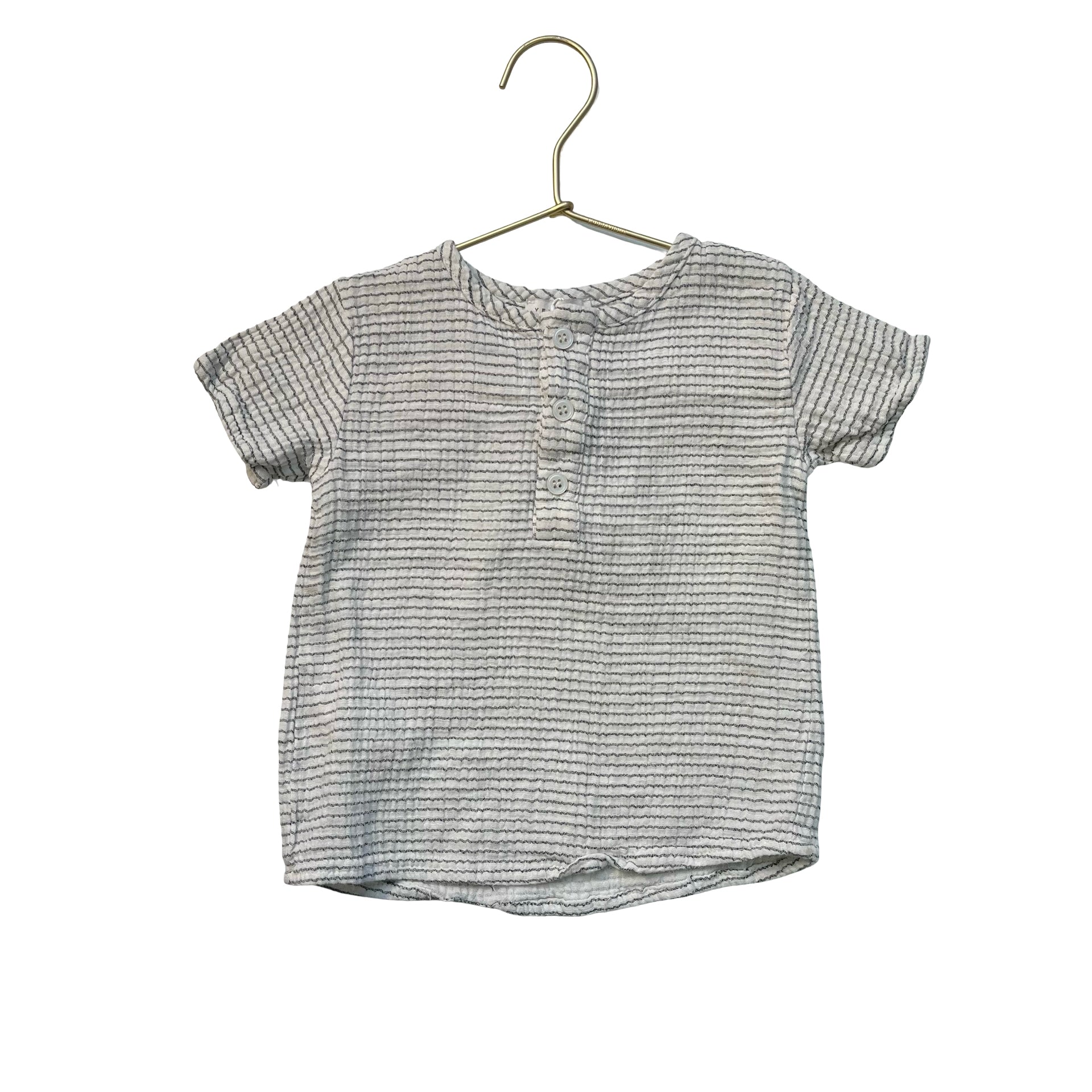 Yell-Oh! Ivory & Gray Striped Cotton Gauze Henley - Size 12-18 Mo