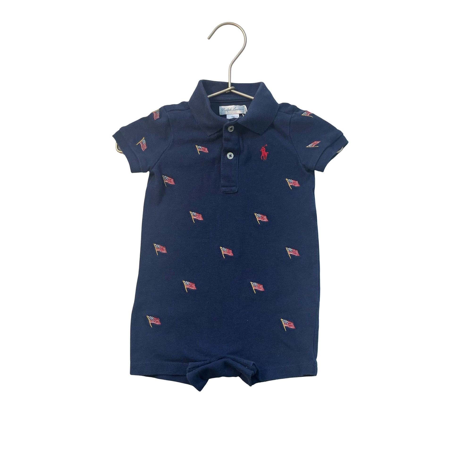 Ralph Lauren Navy Embroidered Flag Polo Romper - Size 6 Mo