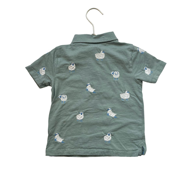 Mini Boden Sage Green Embroidered Sheep Polo Shirt - Size 2-3Y