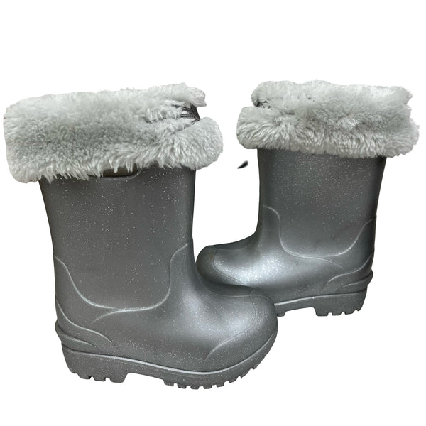 Stride Rite Silver Glitter Rain Boots, Removeable Faux Fur Lining - Size 5