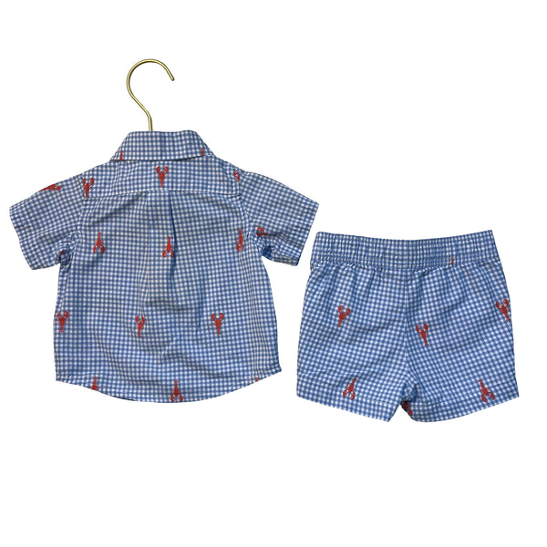 Janie and Jack Blue Check Lobster Print Shorts & Button Down Set - Size 0-3 Mo