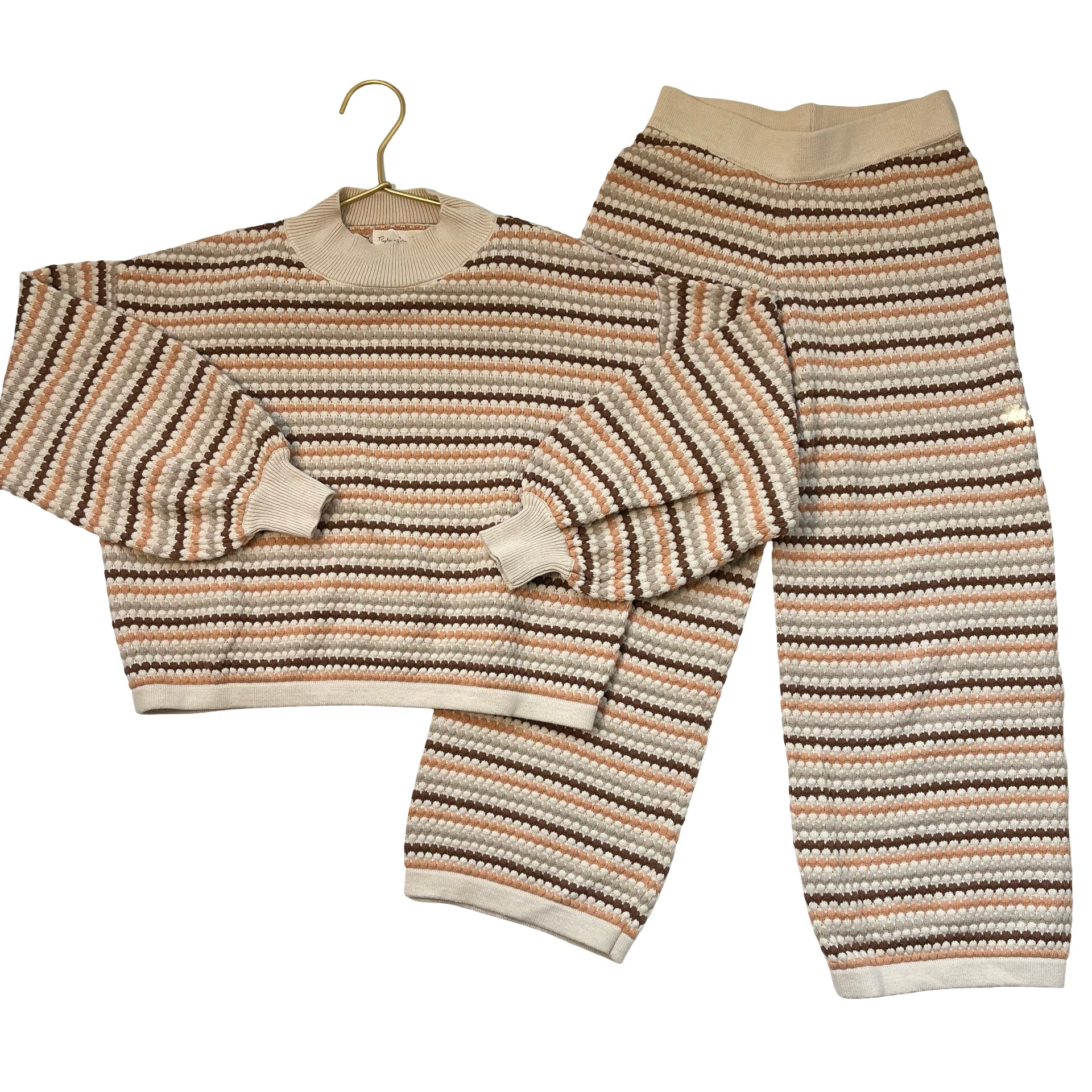 Rylee & Cru Ivory, Tan, Brown Cotton Knit Sweater & Wide-Leg Pants  Set - 8-9Y