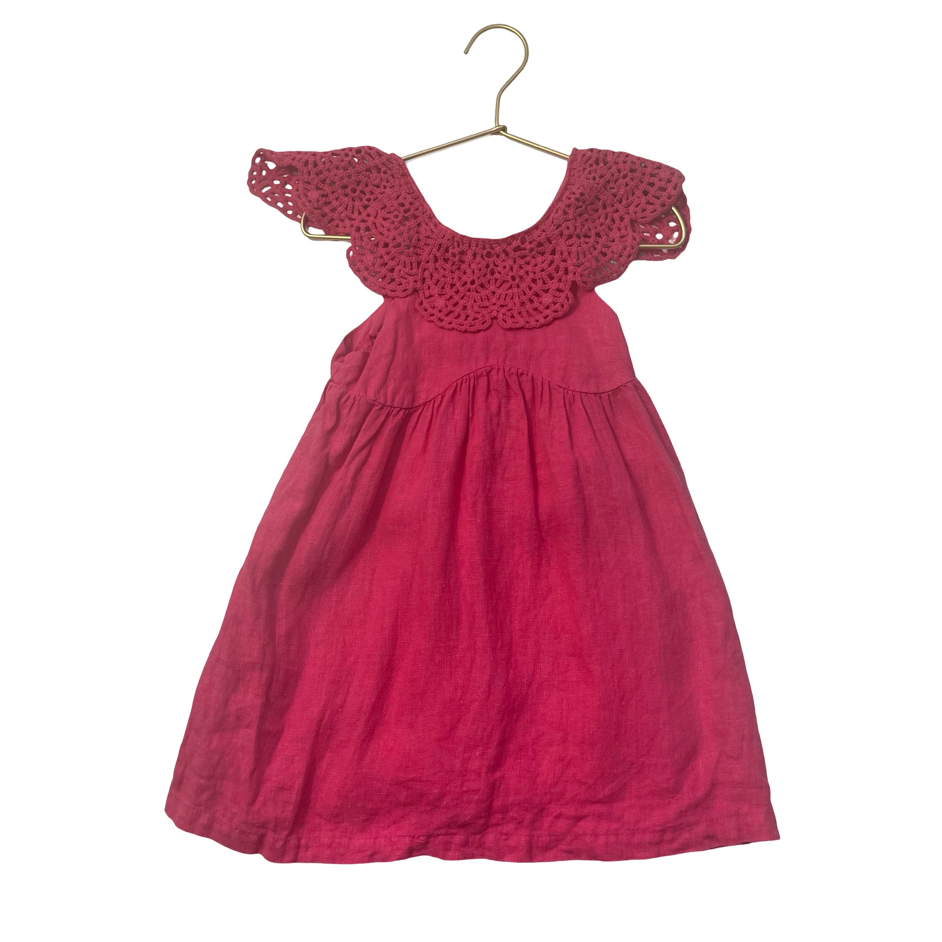 Zara Raspberry Pink Linen & Crochet Ruffle Dress - Size 4