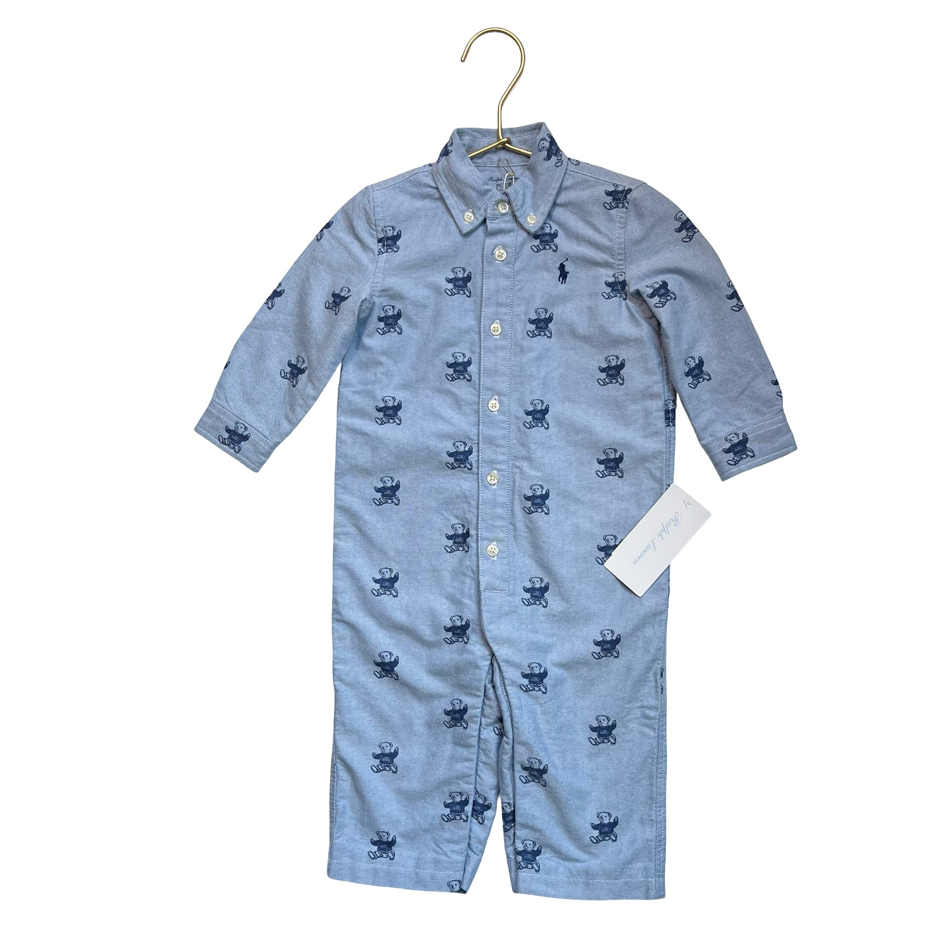 Ralph Lauren Blue Oxford Polo Bear Print Button Down One-Piece - 9 Mo