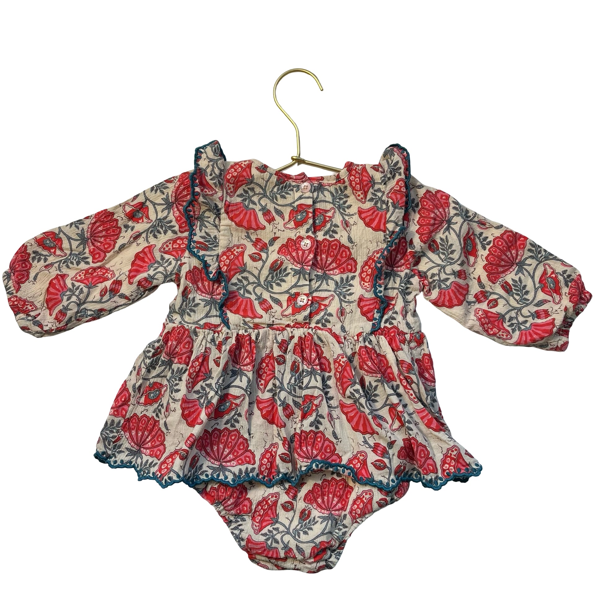 Louise Misha Ivory, Pink, Teal Floral Print Bubble Romper - Size 12 Mo