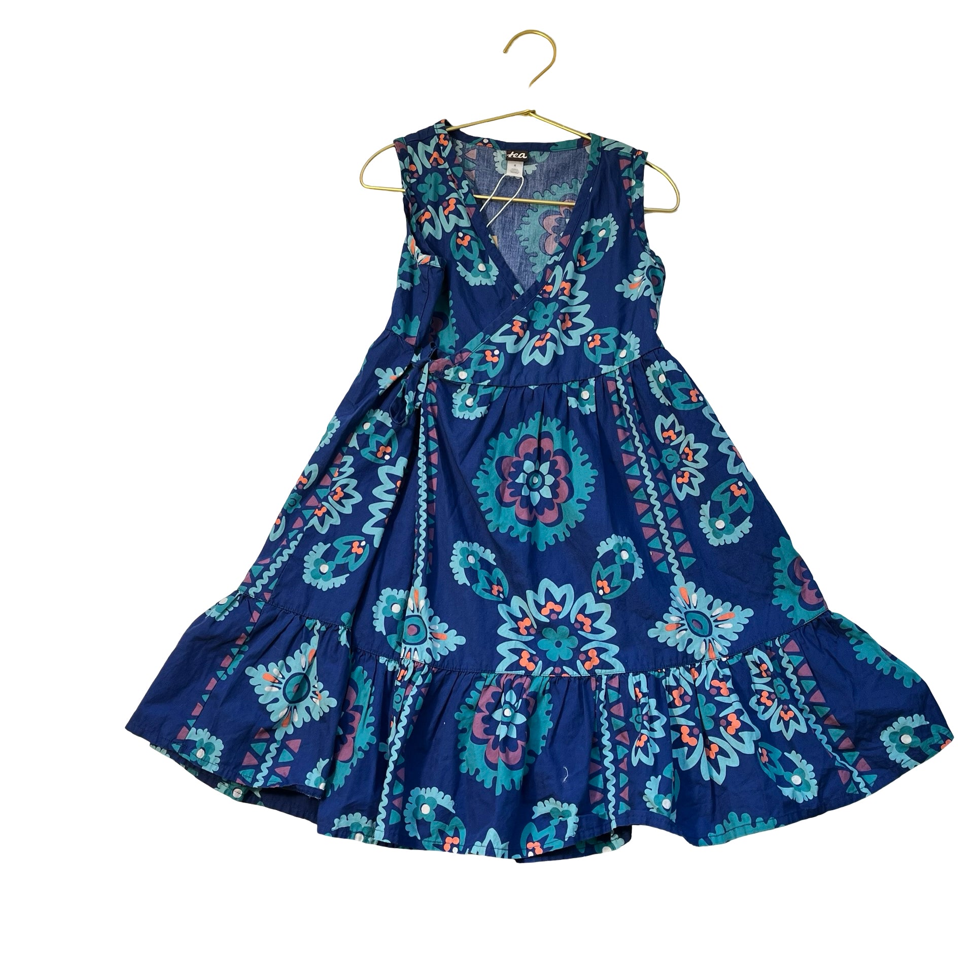 Tea Collection Blue Flower Print Wrap Dress - Size 6
