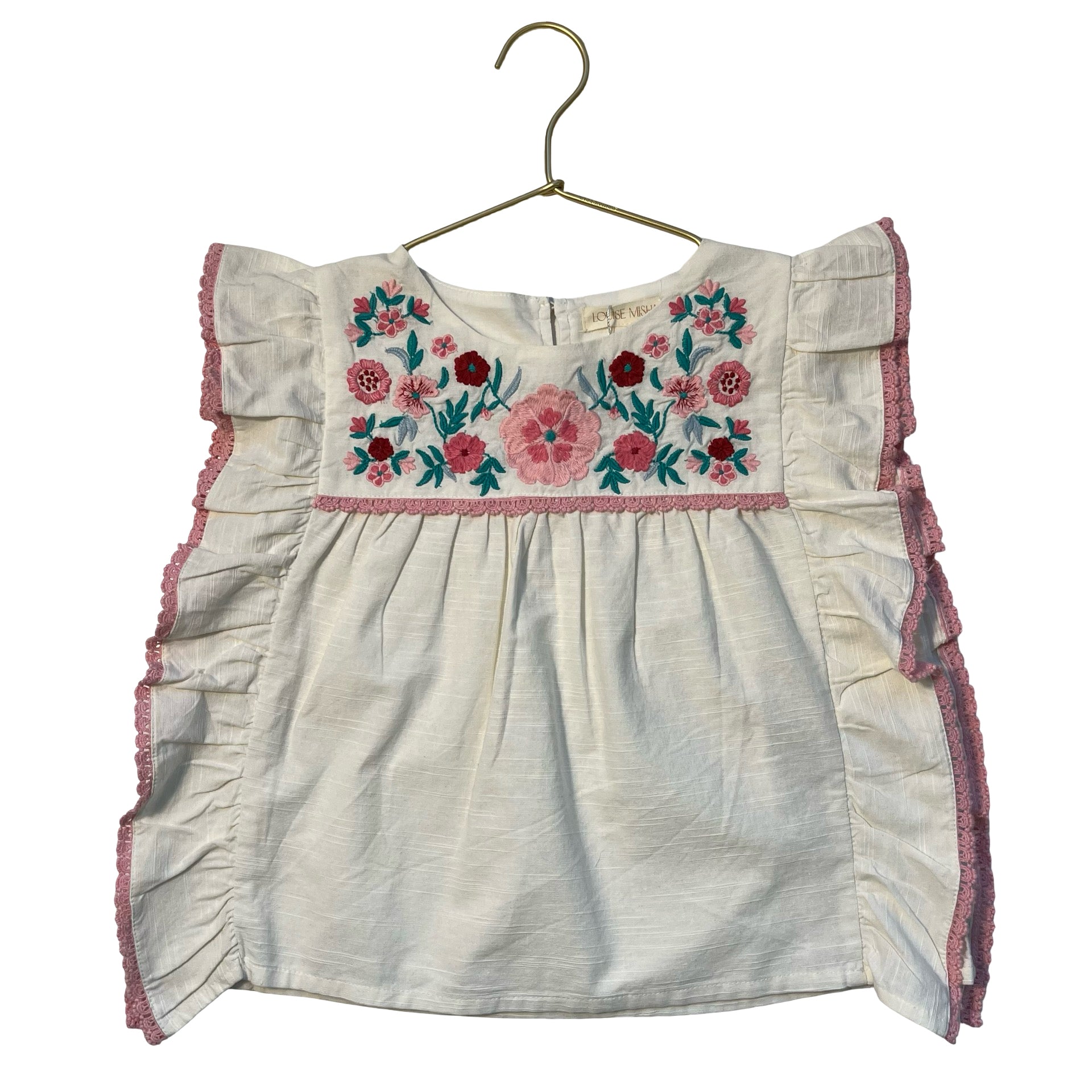 Louise Misha Ivory & Pink Embroidered Flower Cotton-Linen Top - Size 7Y